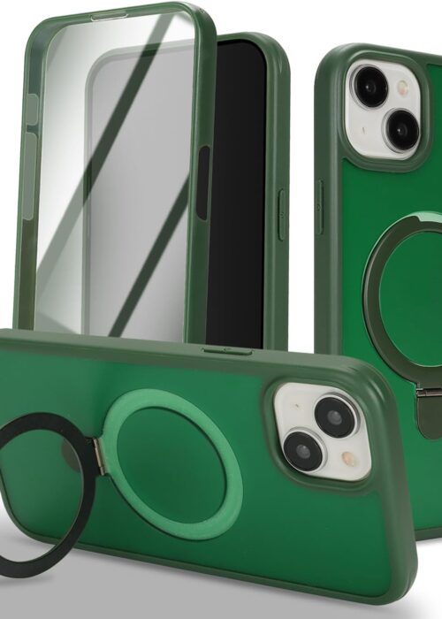 For iPhone 15 Case with Magnetic Ring Stand and Built-in Screen Protector,360 Full Body case with ,for Apple iPhone 15 Protective Phone Cases for Men Women Gril-Dark Green