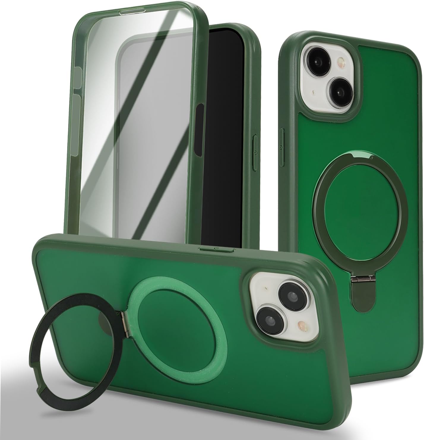 For iPhone 15 Case with Magnetic Ring Stand and Built-in Screen Protector,360 Full Body case with ,for Apple iPhone 15 Protective Phone Cases for Men Women Gril-Dark Green