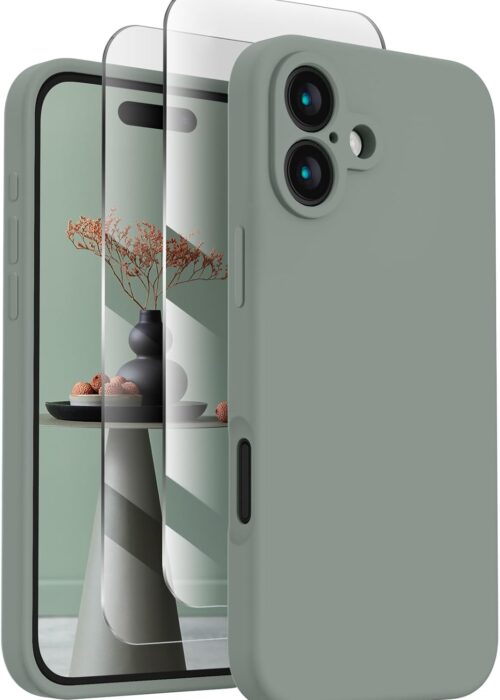 Designed for iPhone 16 Case, Silicone Upgraded [Camera Protection] Phone Case with [2 Screen Protectors], Soft Anti-Scratch Microfiber Lining Inside, 6.1 inch, Calke Green