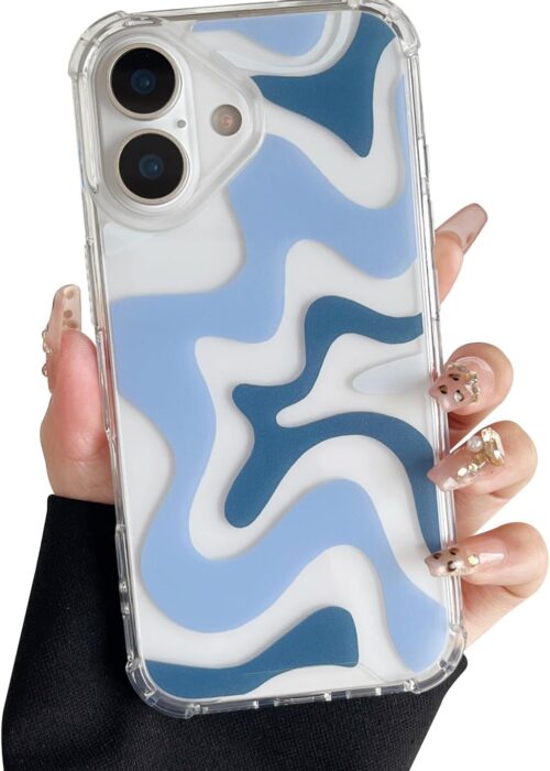 Compatible with iPhone 17 Case, Cute Art Wavy Painted for Women Girls, Soft TPU Edge PC Back Protective Shockproof Phone Case Compatible with iPhone 17 6.3", Blue