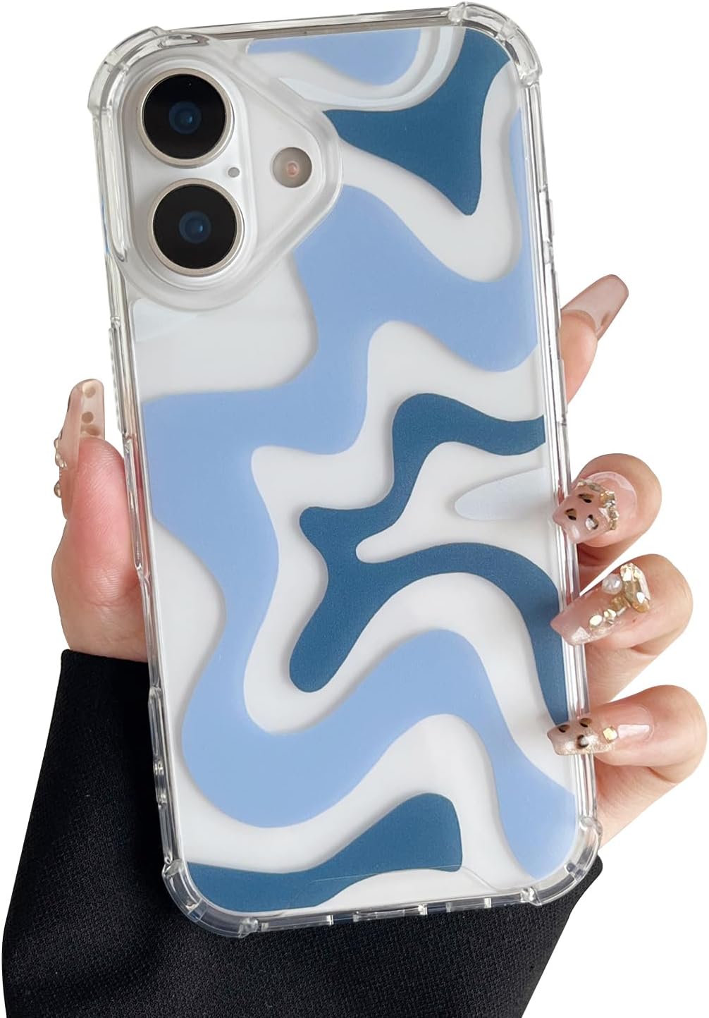 Compatible with iPhone 17 Case, Cute Art Wavy Painted for Women Girls, Soft TPU Edge PC Back Protective Shockproof Phone Case Compatible with iPhone 17 6.3", Blue