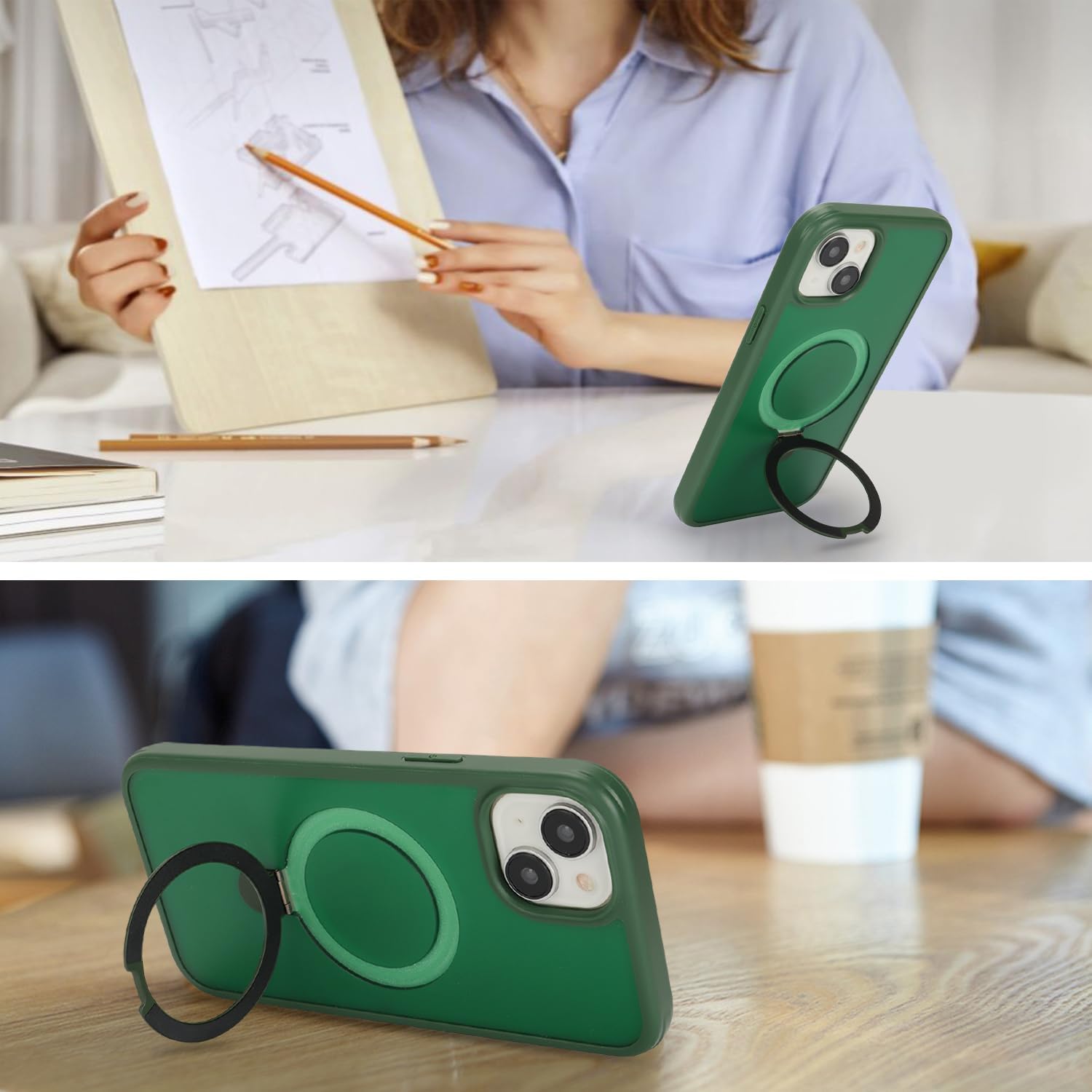 For iPhone 15 Case with Magnetic Ring Stand and Built-in Screen Protector,360 Full Body case with ,for Apple iPhone 15 Protective Phone Cases for Men Women Gril-Dark Green - Image 2