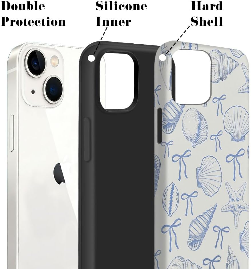 Case for iPhone 14,Seashell Cute Blue Bow Aesthetic Phone Case,Trendy Frosted Silicone Shockproof Cover for Girl Women - Image 2