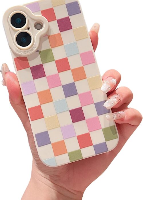 Compatible with iPhone 16 Case Cute Checkered Pattern Design for Girls Women, Soft Silicone Shockproof Protective Designed for iPhone 16 Case-Colorful