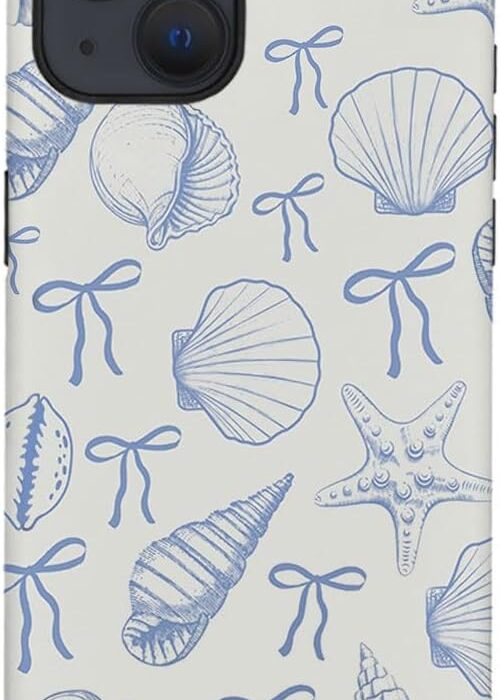 Case for iPhone 14,Seashell Cute Blue Bow Aesthetic Phone Case,Trendy Frosted Silicone Shockproof Cover for Girl Women