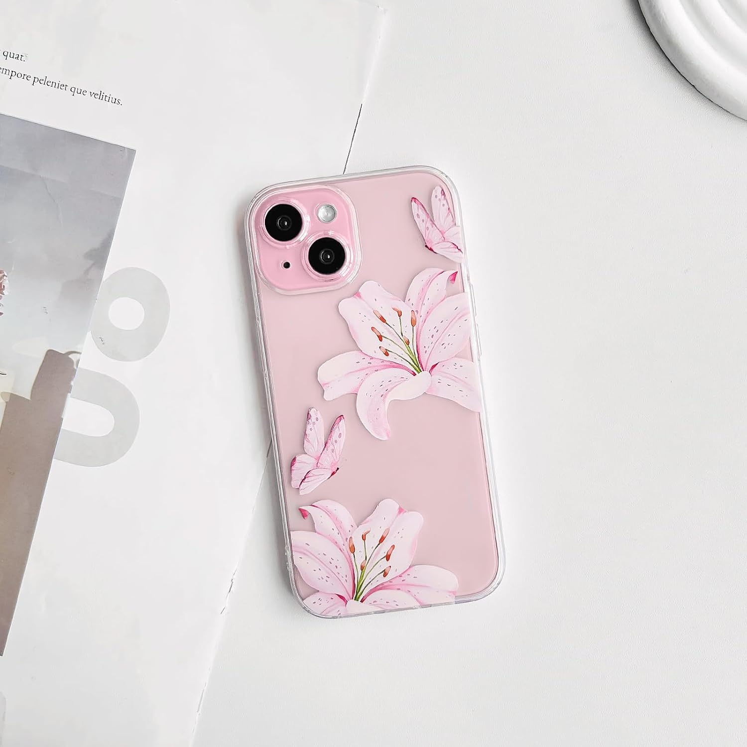 Compatible with iPhone 15 Case Clear Cute Butterfly Lily Flower Floral Pattern for Women Girls Full Camera Lens Clear Slim Shockproof Protective Phone Cover - Pink - Image 2