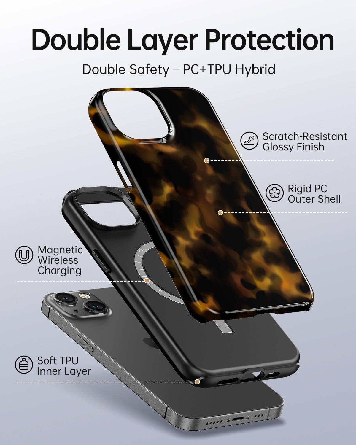 For iPhone 14 Case, Cute Aesthetic Tortoise Shell Phone Case, Compatible with , Cheetah Leopard Print Brown Retro Turtle Amber Magnetic Slim Shockproof Protective Women Girl Men Cover - Image 2