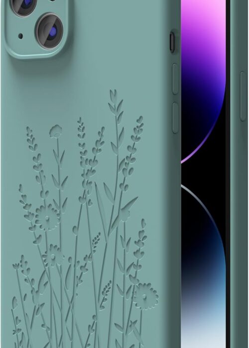 Magnetic Engraved Case Compatible with iPhone 14 Case, Compatible with , Camera All-Round Protection, Slim Liquid Silicone Phone Case for Women Girls, Midnight Green Flower