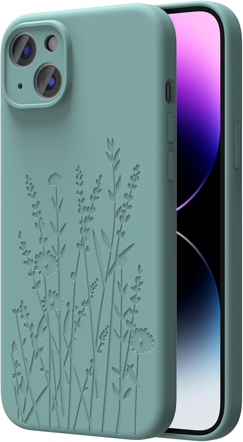 Magnetic Engraved Case Compatible with iPhone 14 Case, Compatible with , Camera All-Round Protection, Slim Liquid Silicone Phone Case for Women Girls, Midnight Green Flower