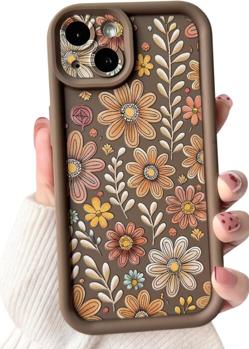Compatible for iPhone 14 Plus Case Aesthetic Cute Color Flower Floral Leaf Design for Girls Women Soft TPU Shockproof More Protective Girly for iPhone 14 Plus Case-Brown