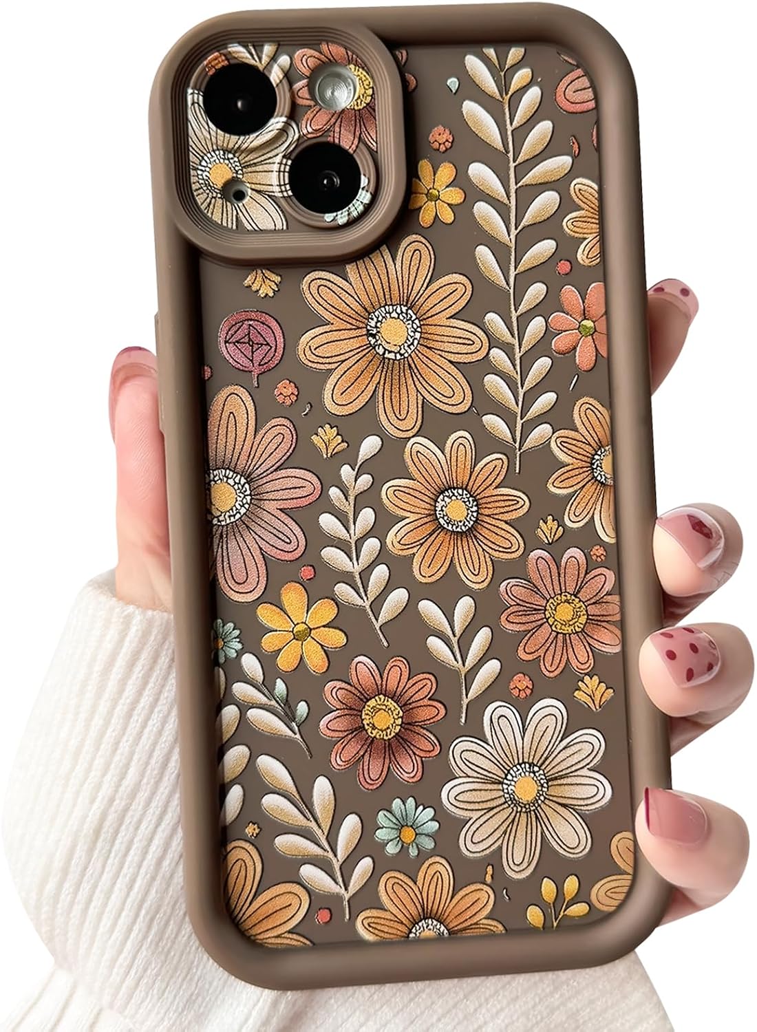 Compatible for iPhone 14 Plus Case Aesthetic Cute Color Flower Floral Leaf Design for Girls Women Soft TPU Shockproof More Protective Girly for iPhone 14 Plus Case-Brown