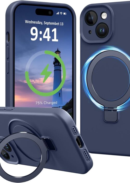 Compatible with iPhone 15 Case with Stand, Slim Premium Liquid Silicone Phone Cases for iPhone 15 6.1" Compatible with  Magnetic Ring Kickstand Case Full Camera Protection, Dark Blue
