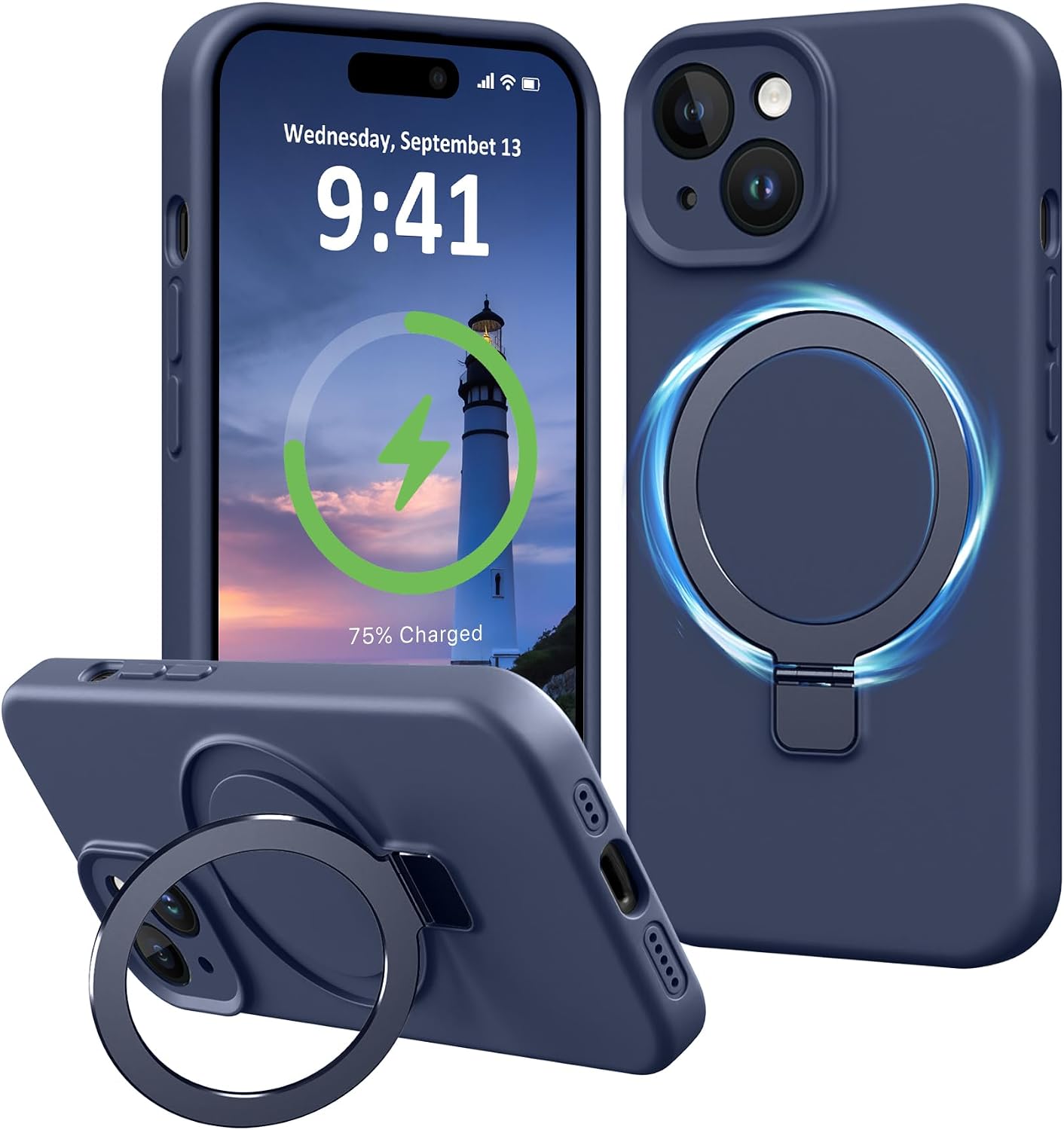 Compatible with iPhone 15 Case with Stand, Slim Premium Liquid Silicone Phone Cases for iPhone 15 6.1" Compatible with Magnetic Ring Kickstand Case Full Camera Protection, Dark Blue