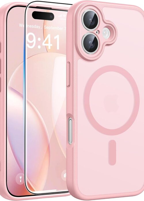 For iPhone 16 Case: [Compatible with ] Translucent Matte Cases with [Full Camera Protection] [Screen Protector] Military Grade Shockproof Protective Phone Cover - Light Pink