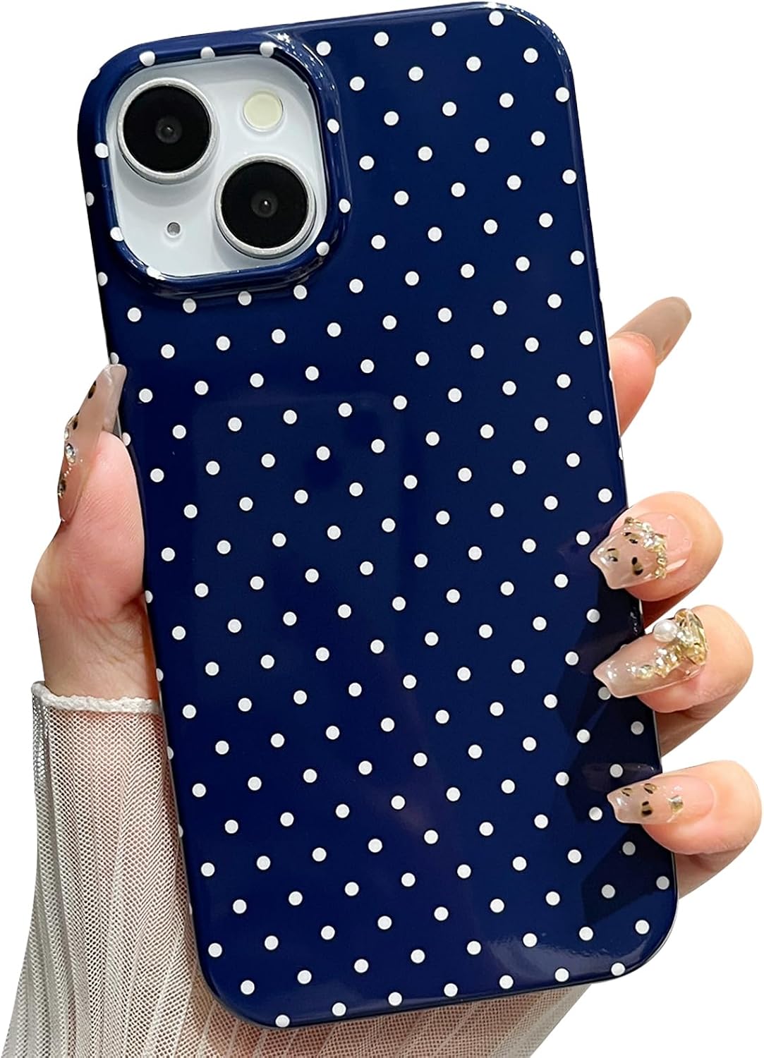 For iPhone 15 Case Polka Dot Phone Cases Aesthetic Design Trendy Simple Case Slim Shockproof Protective Cover Navy Blue