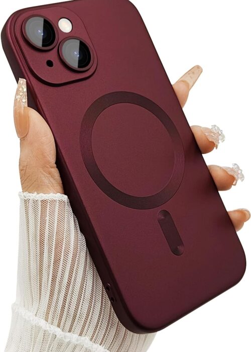 Magnetic Case for iPhone 14 Plus Phone Case for Women, Shockproof Matte Luxury Soft Metallic Luster Design with Camera Lens Protector, Compatible with  for iPhone 14 Plus 6.7"-Wine Red | for Women, Shockproof, Matte, Luxury, Soft