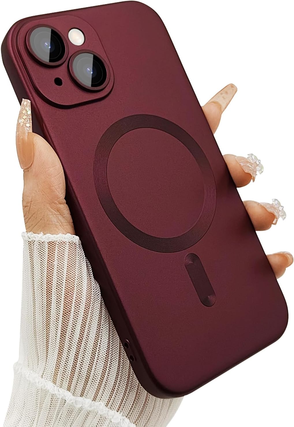 Magnetic Case for iPhone 14 Plus Phone Case for Women, Shockproof Matte Luxury Soft Metallic Luster Design with Camera Lens Protector, Compatible with for iPhone 14 Plus 6.7"-Wine Red | for Women, Shockproof, Matte, Luxury, Soft