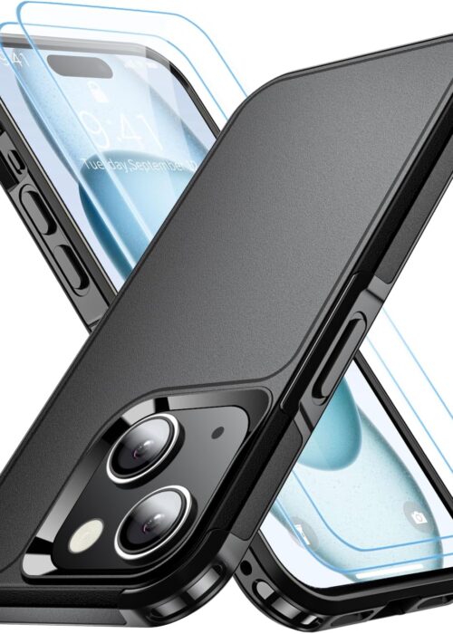 Shockproof for iPhone 15 Case,[15 FT Military Grade Drop Protection],with 2X [Tempered Glass Screen Protector ] with Air Bumpers Full-Body Protective Phone Case, Mysterious Black