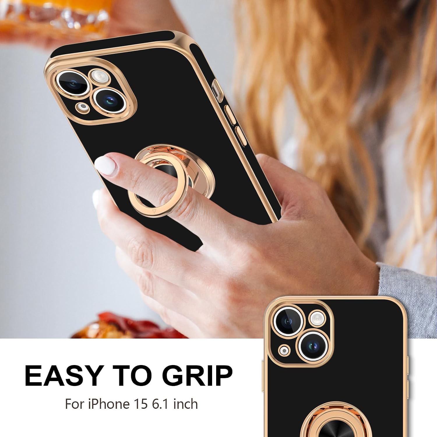 For iPhone 15 Case with Ring Stand, 360° Rotatable Ring Holder Magnetic Kickstand, Plating Rose Gold Edge Soft Cover Women Men Luxury Protective Phone Case for iPhone 15 6.1", Black - Image 2