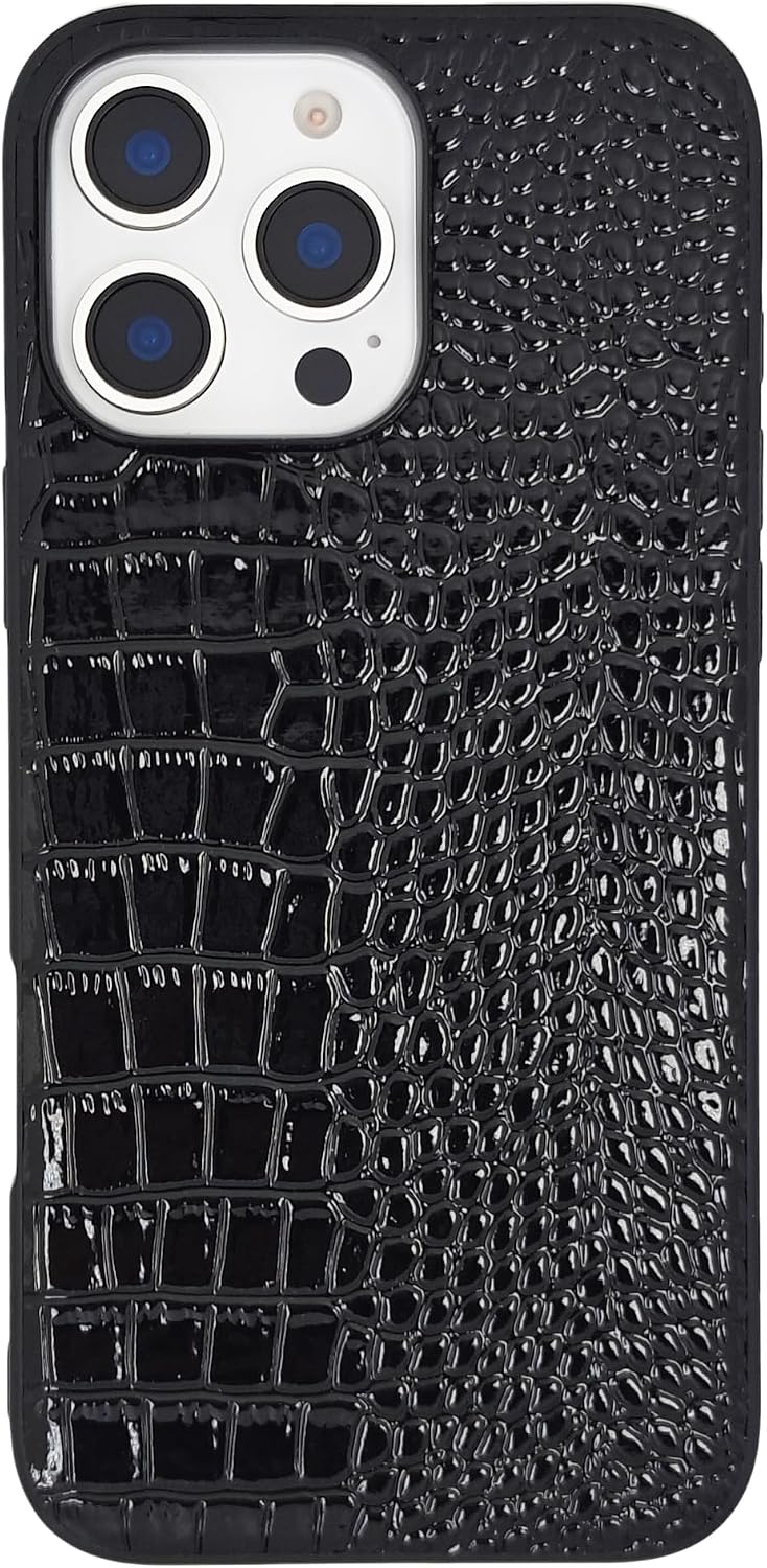 Compatible with iPhone 16 Case for Women, Crocodile Synthetic Patent Leather Cover, Classic Fashion for iPhone16 6.1 Inch - Black