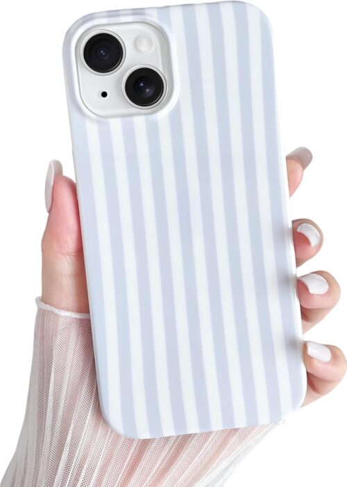 For iPhone 14 Case Cute Striped Phone Case Soft TPU Slim Shockproof Phone Cover for Women Girls, Blue and White