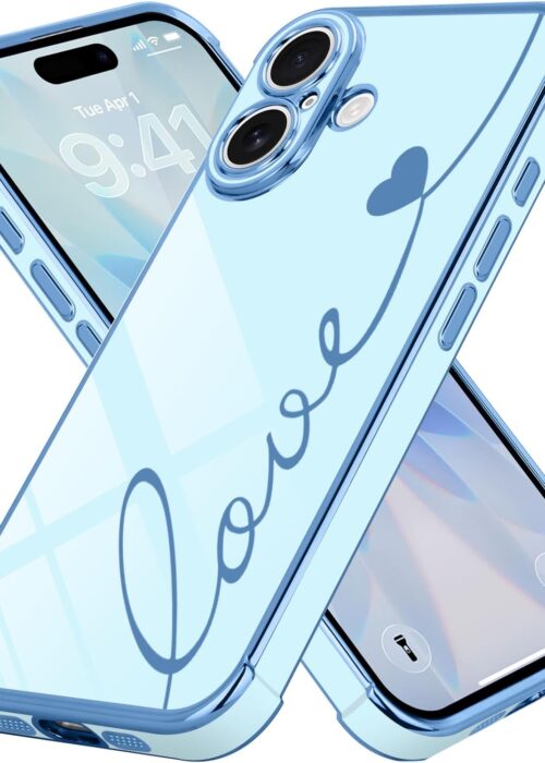 Compatible with iPhone 17 Case for Women Girls, Cute Luxury Plating Love Heart Design Soft TPU Cover Shockproof Full Camera Lens Protection Phone Case for iPhone 17, Blue