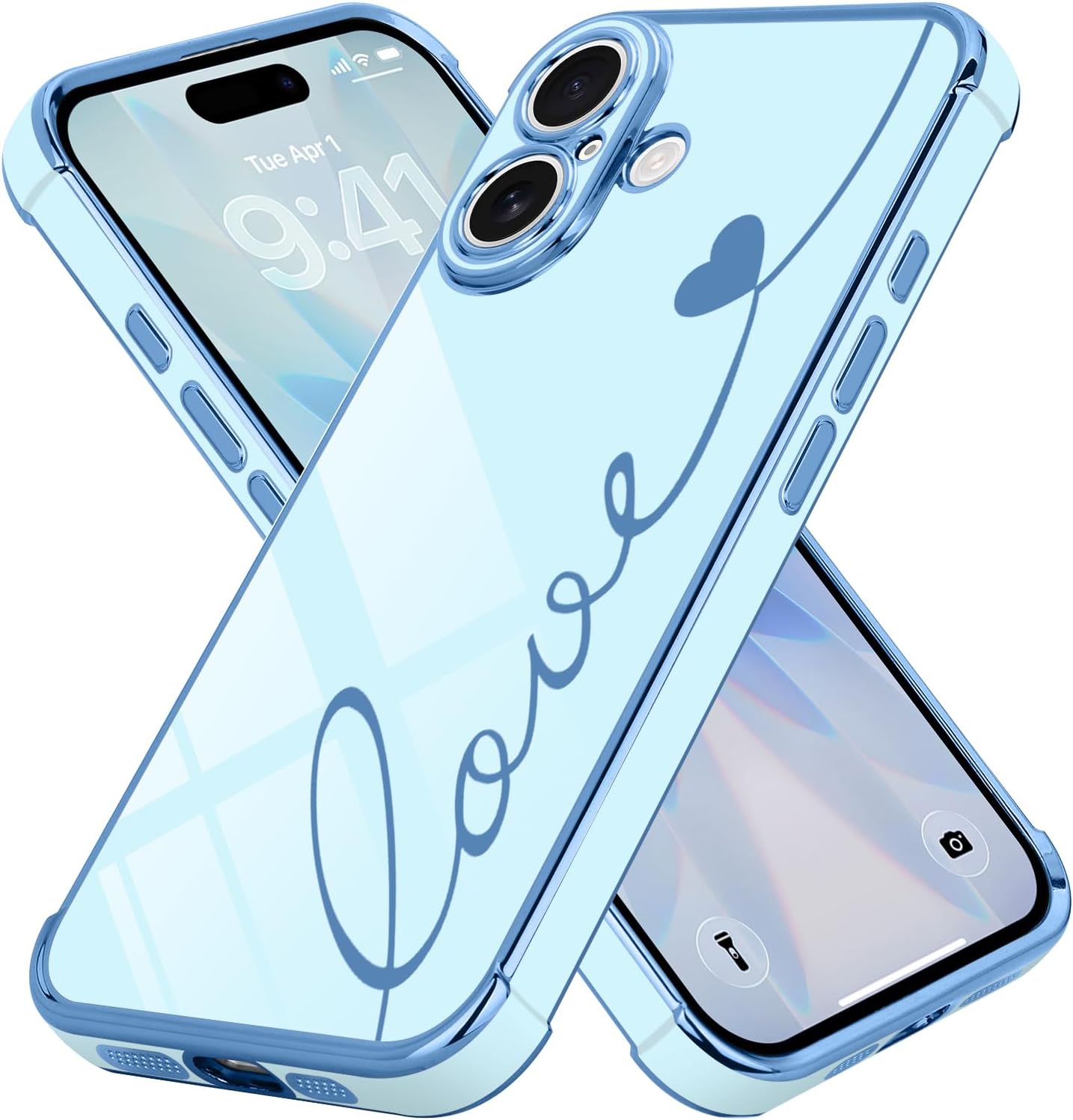 Compatible with iPhone 17 Case for Women Girls, Cute Luxury Plating Love Heart Design Soft TPU Cover Shockproof Full Camera Lens Protection Phone Case for iPhone 17, Blue