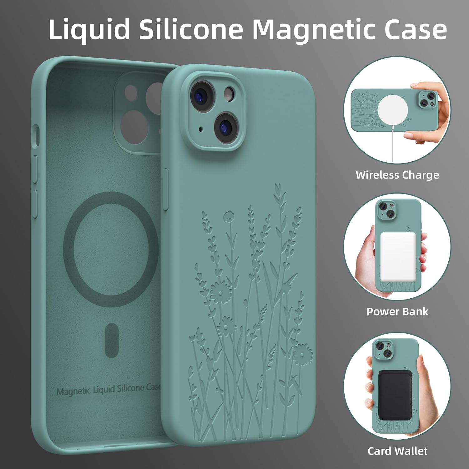 Magnetic Engraved Case Compatible with iPhone 14 Case, Compatible with , Camera All-Round Protection, Slim Liquid Silicone Phone Case for Women Girls, Midnight Green Flower - Image 2