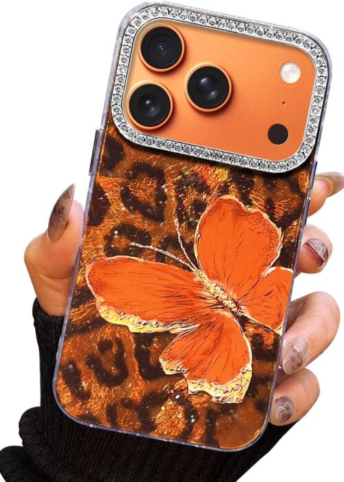 Compact Case for iPhone 17 Pro Butterfly Design,3D Diamond Camera Lens Protection Frame,Cute Soft Slim TPU Shockproof Protective Phone Cases Cover for Women Leopard Print Orange