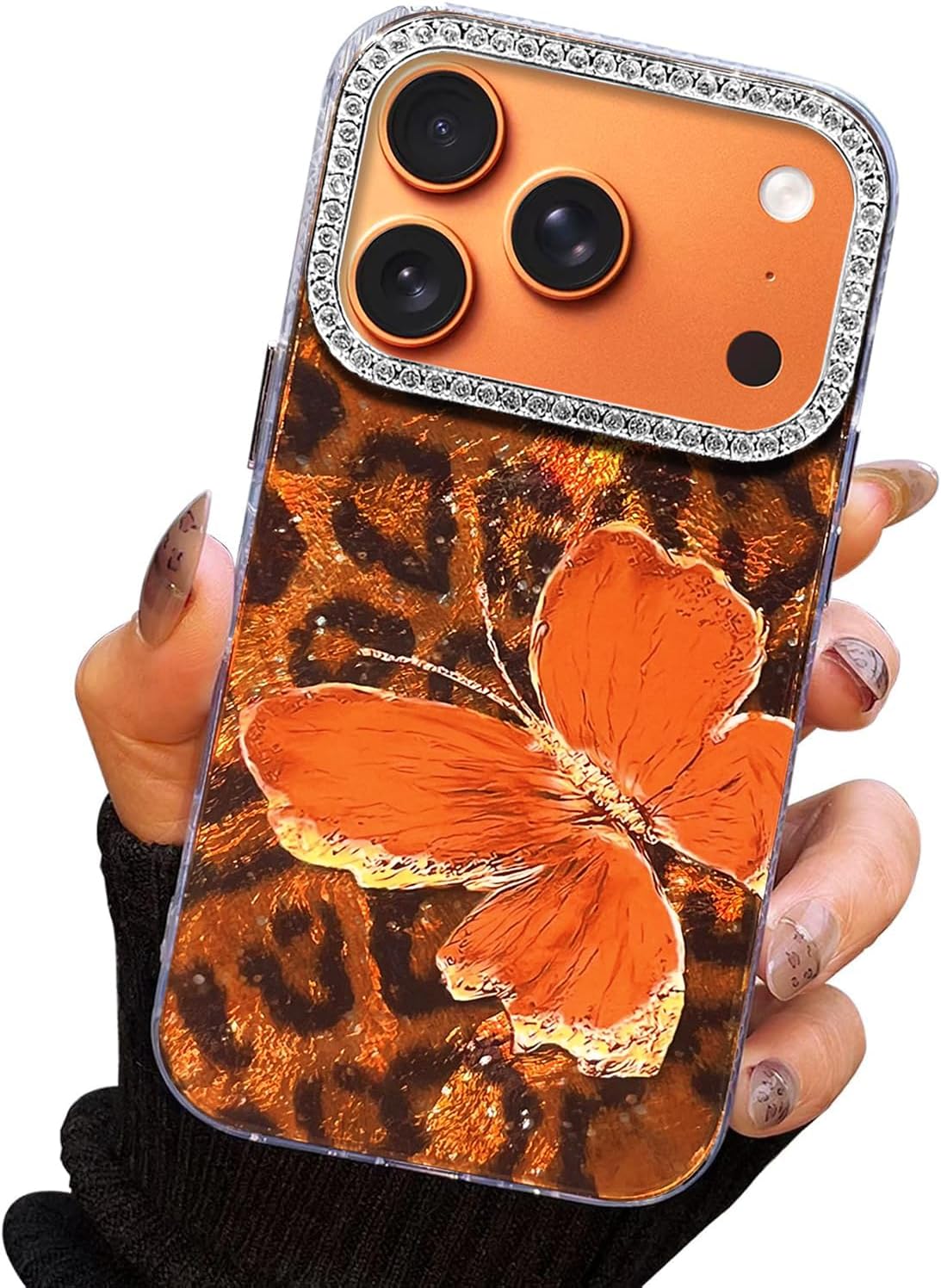 Compact Case for iPhone 17 Pro Butterfly Design,3D Diamond Camera Lens Protection Frame,Cute Soft Slim TPU Shockproof Protective Phone Cases Cover for Women Leopard Print Orange