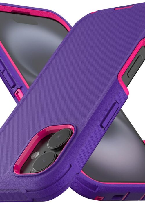 Designed for iPhone 16 Case,3 Layers Military Grade Full Body Protection,[Without Screen Protector][Dustproof Port Protection] Shockproof Rugged Non Slip Hard Cover for iPhone 16,Deep Purple/Red