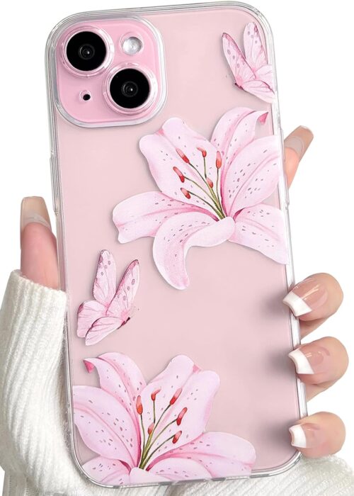 Compatible with iPhone 15 Case Clear Cute Butterfly Lily Flower Floral Pattern for Women Girls Full Camera Lens Clear Slim Shockproof Protective Phone Cover - Pink