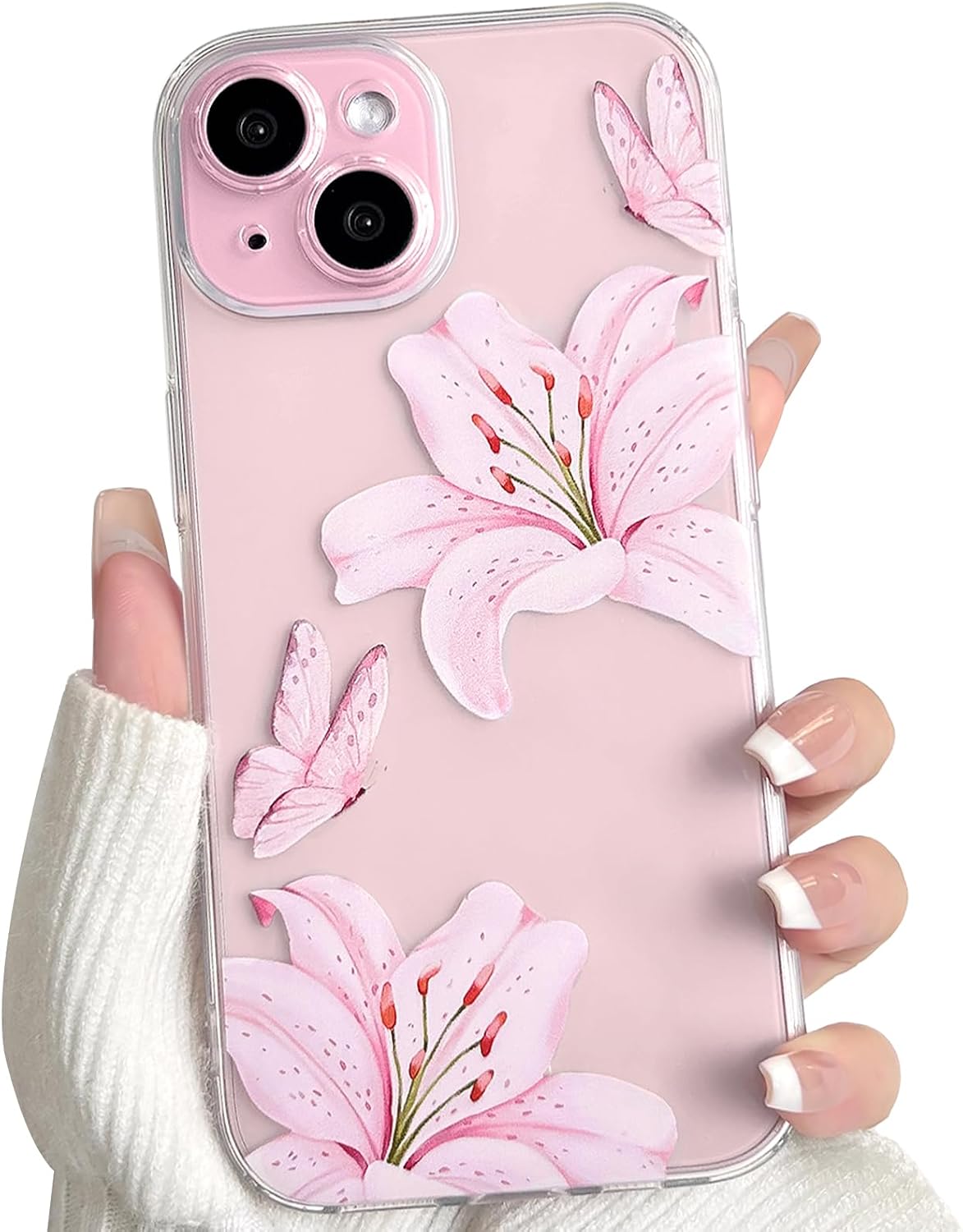 Compatible with iPhone 15 Case Clear Cute Butterfly Lily Flower Floral Pattern for Women Girls Full Camera Lens Clear Slim Shockproof Protective Phone Cover - Pink