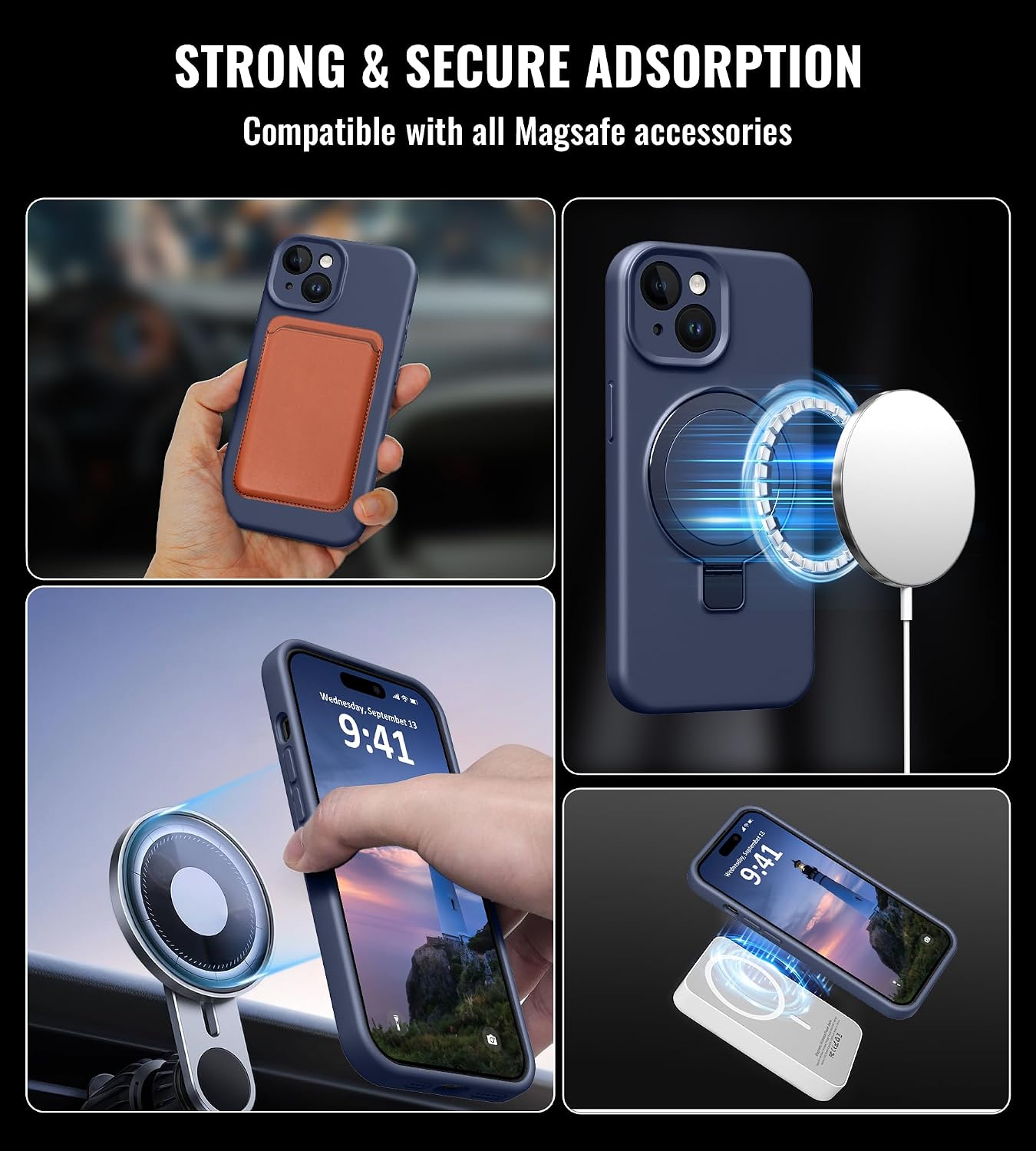 Compatible with iPhone 15 Case with Stand, Slim Premium Liquid Silicone Phone Cases for iPhone 15 6.1" Compatible with Magnetic Ring Kickstand Case Full Camera Protection, Dark Blue - Image 2