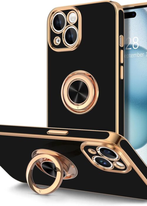 For iPhone 15 Case with Ring Stand, 360° Rotatable Ring Holder Magnetic Kickstand, Plating Rose Gold Edge Soft Cover Women Men Luxury Protective Phone Case for iPhone 15 6.1", Black