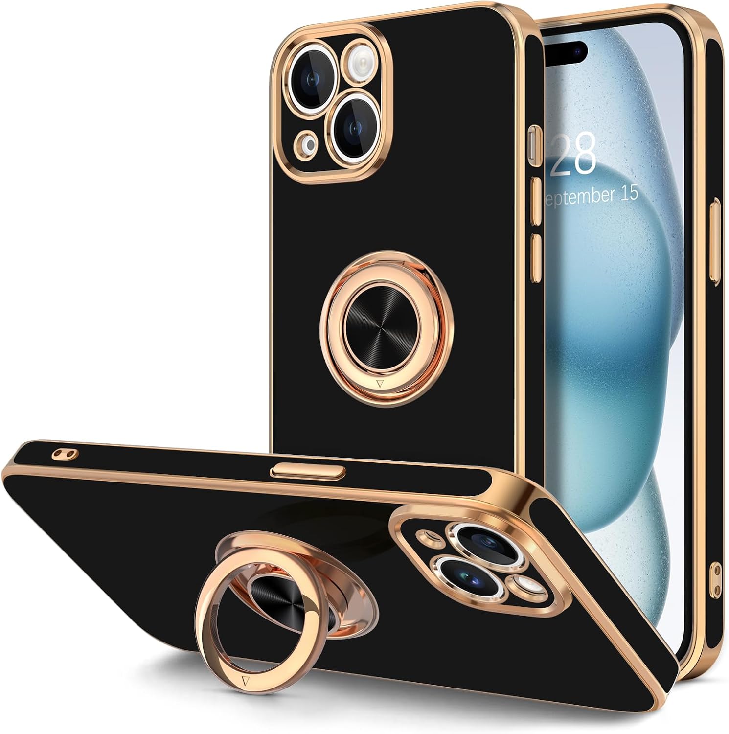 For iPhone 15 Case with Ring Stand, 360° Rotatable Ring Holder Magnetic Kickstand, Plating Rose Gold Edge Soft Cover Women Men Luxury Protective Phone Case for iPhone 15 6.1", Black
