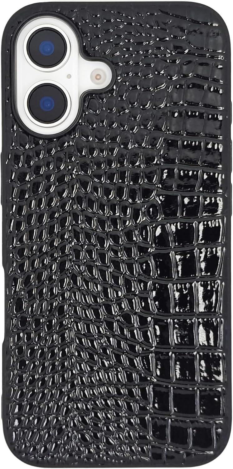 Compatible with iPhone 16 Case for Women, Crocodile Synthetic Patent Leather Cover, Classic Fashion for iPhone16 6.1 Inch - Black - Image 2