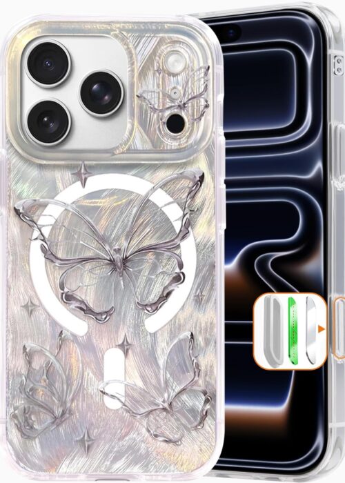 Compact Case for for iPhone 17 Pro Case Cute Silver Butterfly Design, Camera Control, Compatible with , Shockproof Military-Grade Protection, Magnetic Phone Case for Aesthetic