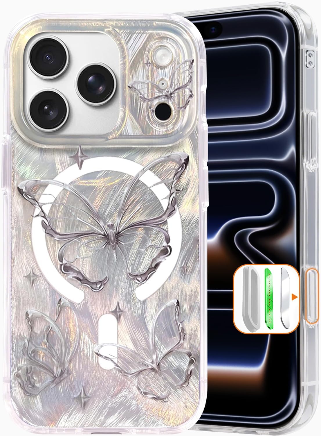 Compact Case for for iPhone 17 Pro Case Cute Silver Butterfly Design, Camera Control, Compatible with , Shockproof Military-Grade Protection, Magnetic Phone Case for Aesthetic