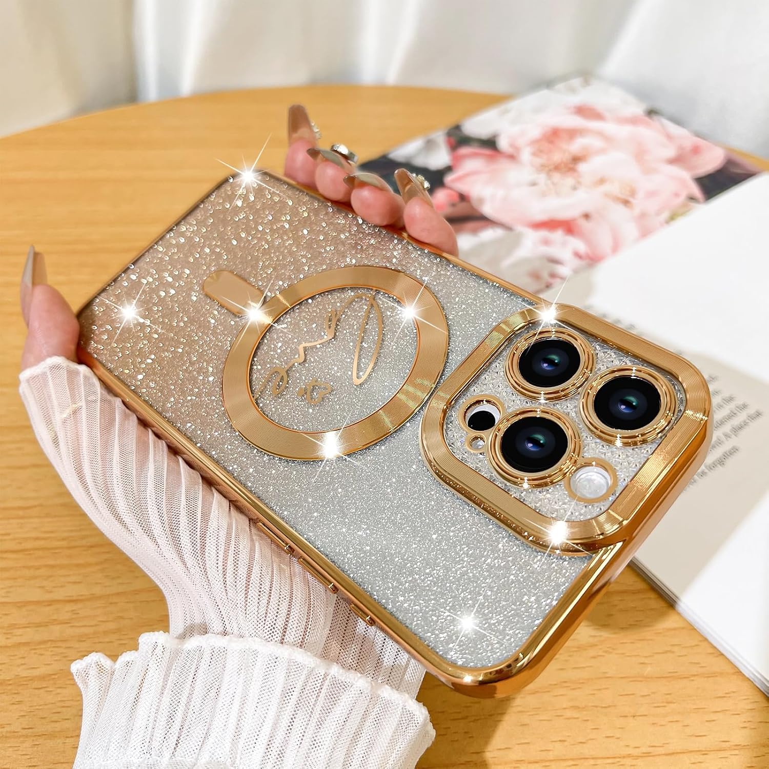 Designed for iPhone 15 Case,Compatible with Love Heart Plating Camera Protection TPU Magnetic Glitter for Women Girls Shockproof Phone Bumper 6.1"-Gold - Image 2