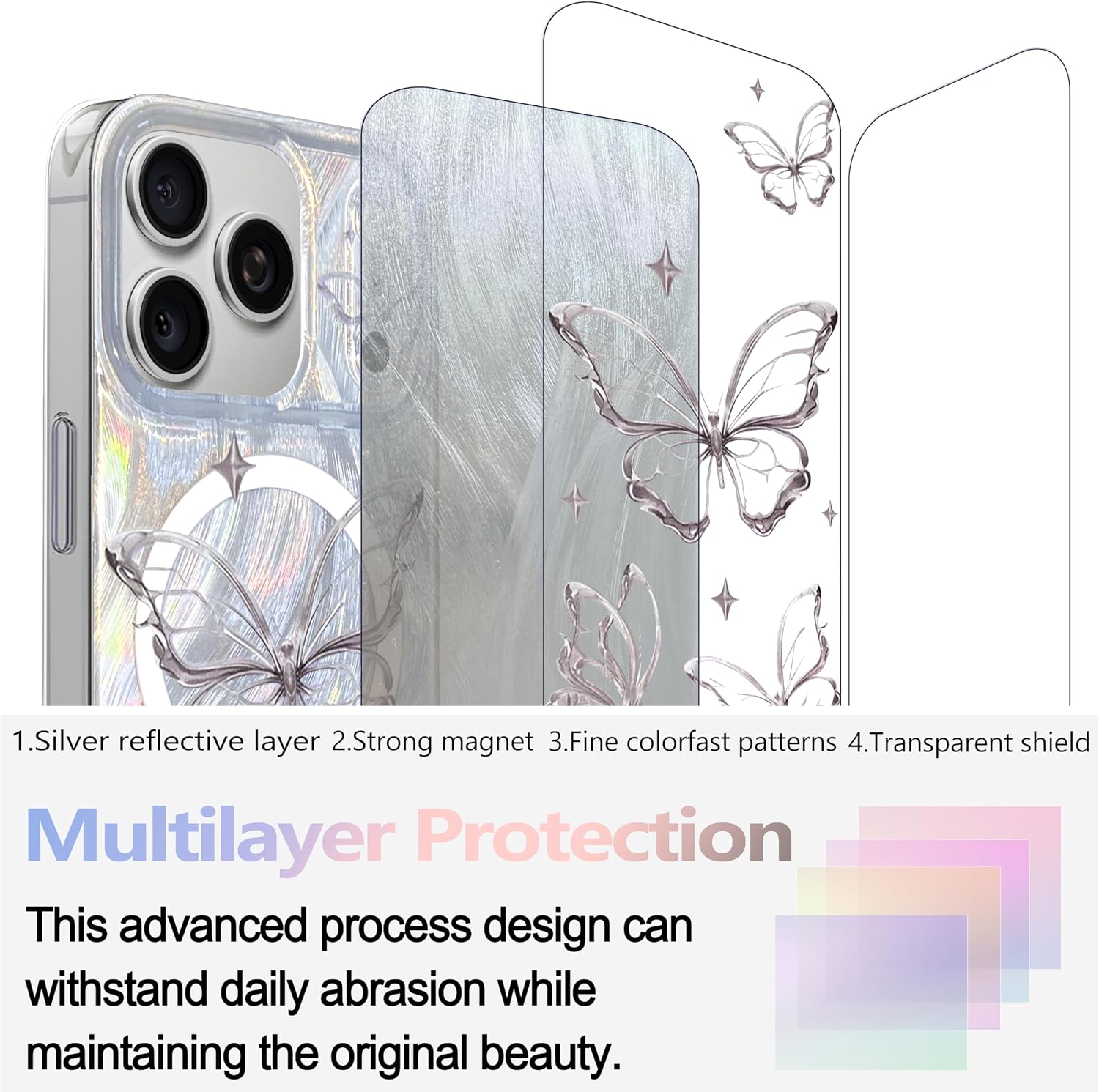 Compact Case for for iPhone 17 Pro Case Cute Silver Butterfly Design, Camera Control, Compatible with , Shockproof Military-Grade Protection, Magnetic Phone Case for Aesthetic - Image 2