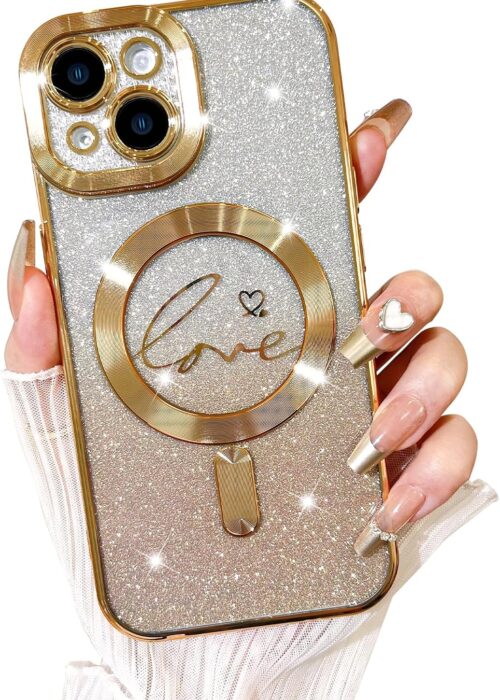 Designed for iPhone 15 Case,Compatible with  Love Heart Plating Camera Protection TPU Magnetic Glitter for Women Girls Shockproof Phone Bumper 6.1"-Gold