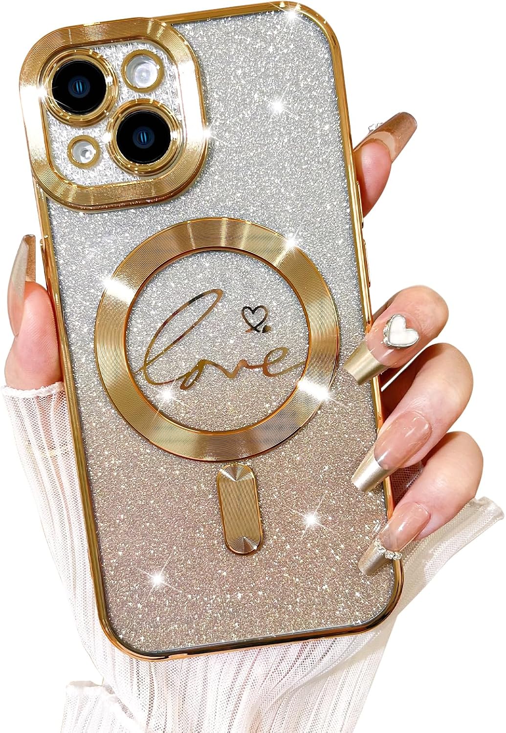 Designed for iPhone 15 Case,Compatible with Love Heart Plating Camera Protection TPU Magnetic Glitter for Women Girls Shockproof Phone Bumper 6.1"-Gold