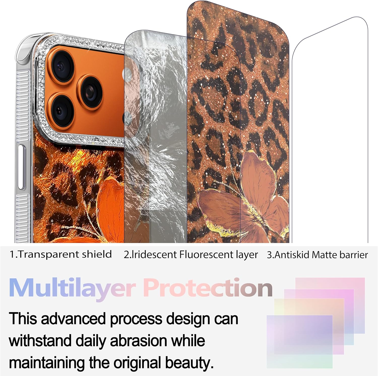 Compact Case for iPhone 17 Pro Butterfly Design,3D Diamond Camera Lens Protection Frame,Cute Soft Slim TPU Shockproof Protective Phone Cases Cover for Women Leopard Print Orange - Image 2